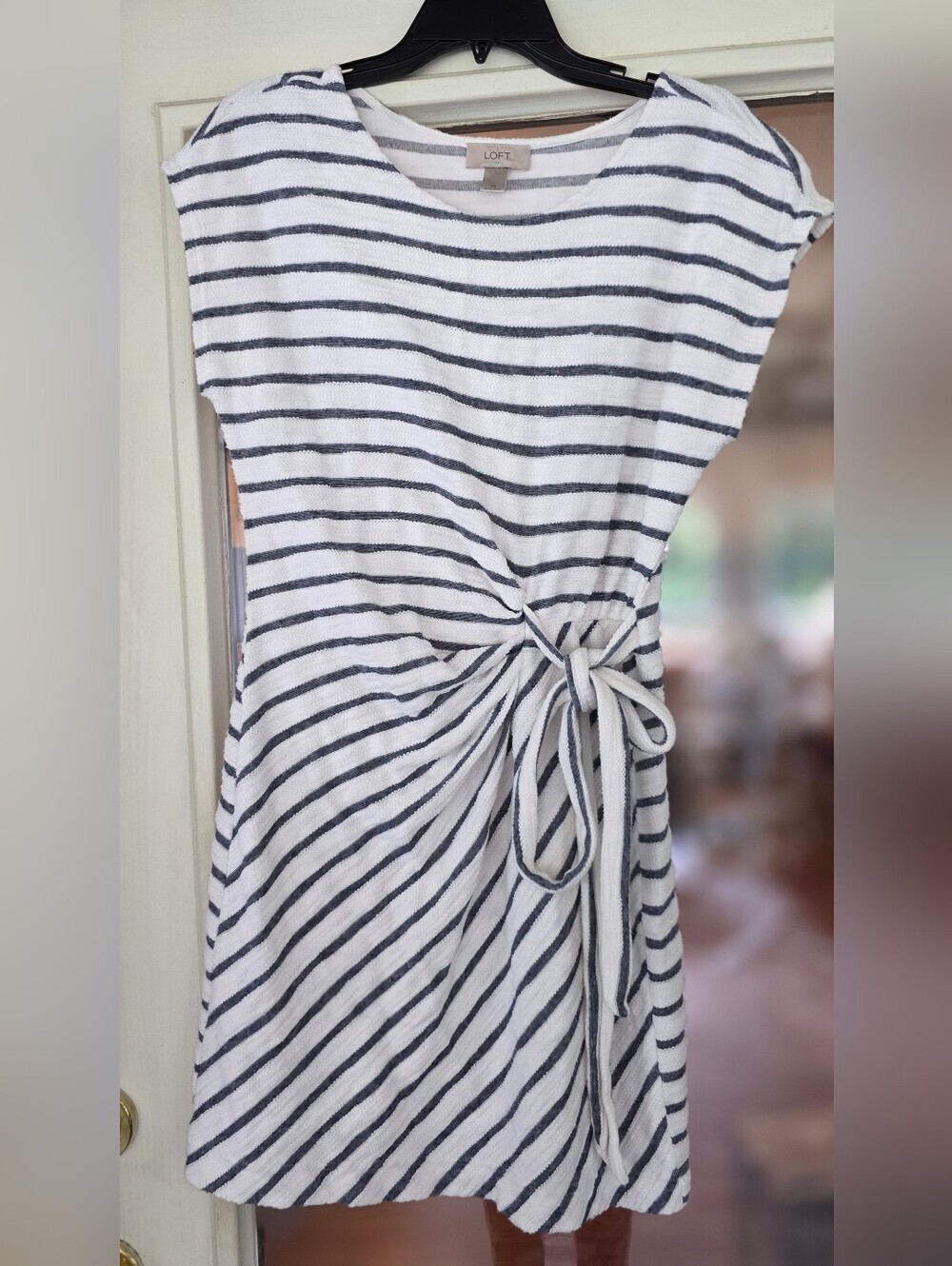 LOFT Terry Cloth White Blue Striped Tie Waist Wrap Dress Sz XS